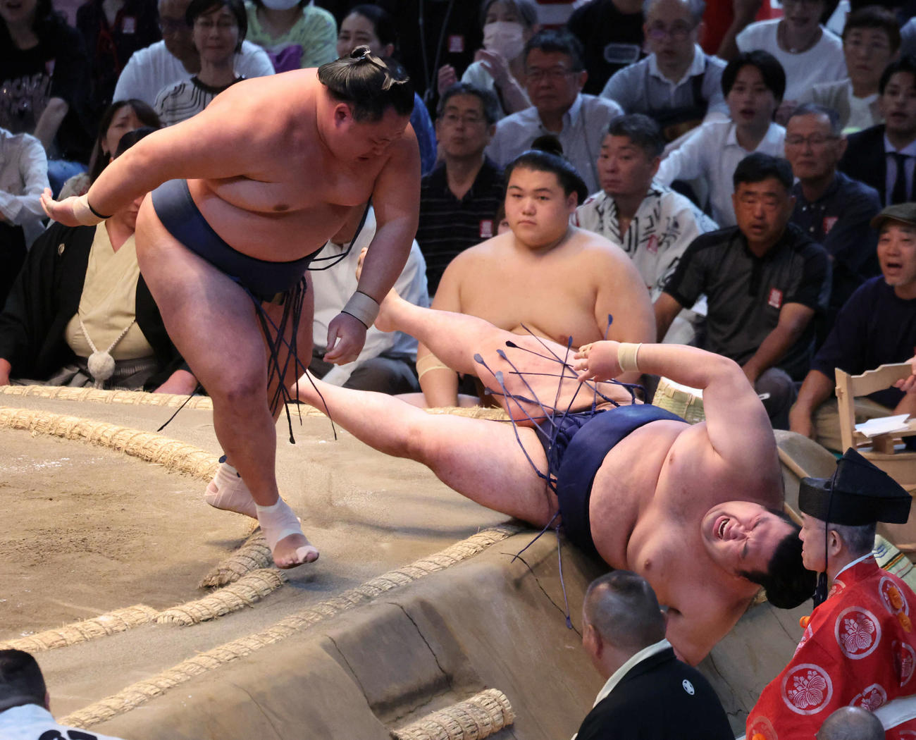 玉鷲は押し倒しで豪ノ山を土俵下まで吹き飛ばした（撮影・西尾就之）