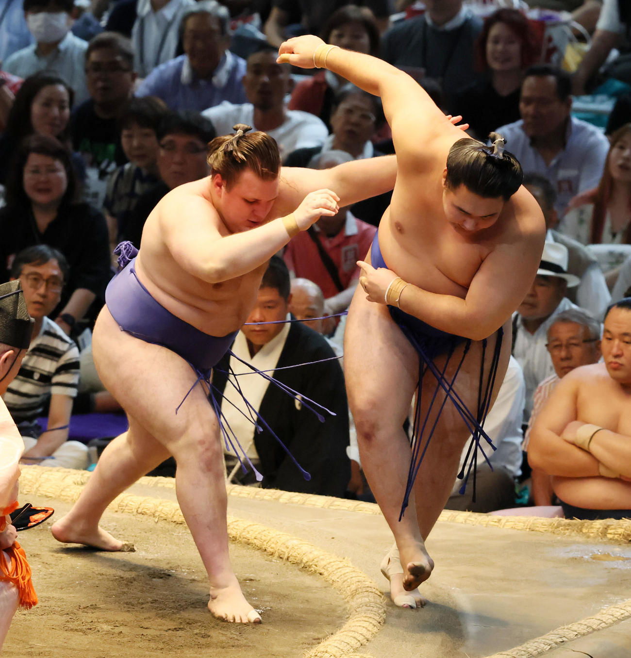 安青錦（左）は押し出しで欧勝馬に勝利（撮影・加藤哉）