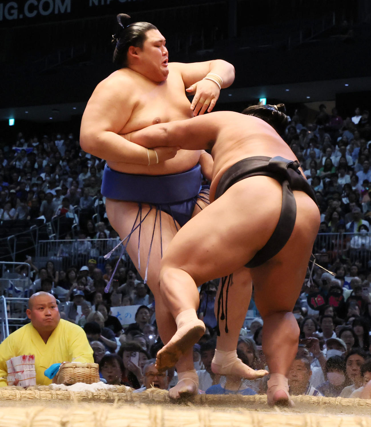 大の里は伯桜鵬(右）の押し出しに敗れる波乱（撮影・加藤哉）