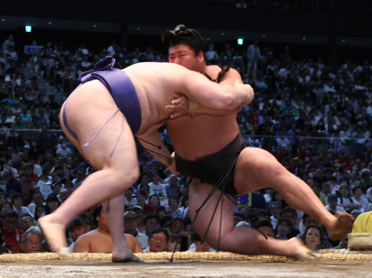 安青錦は下手ひねりで若元春に勝利した（撮影・西尾就之）