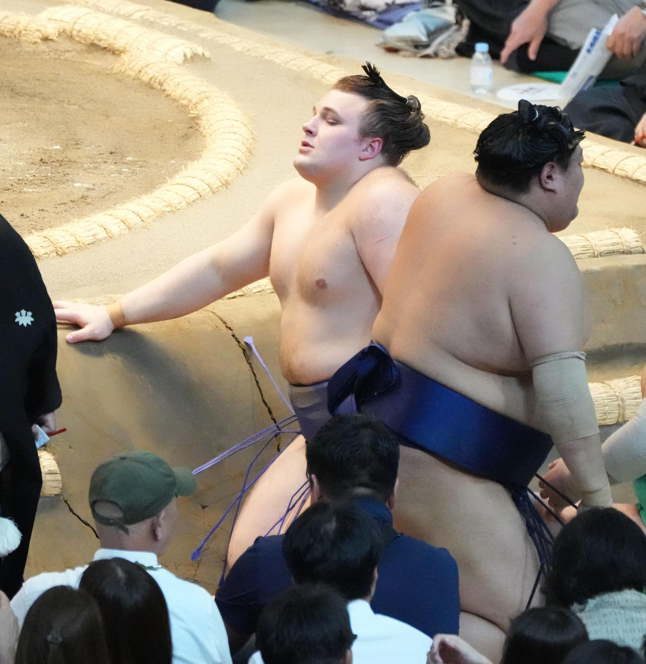 安青錦（左）は阿炎を寄り切りで破る（撮影・森本幸一）