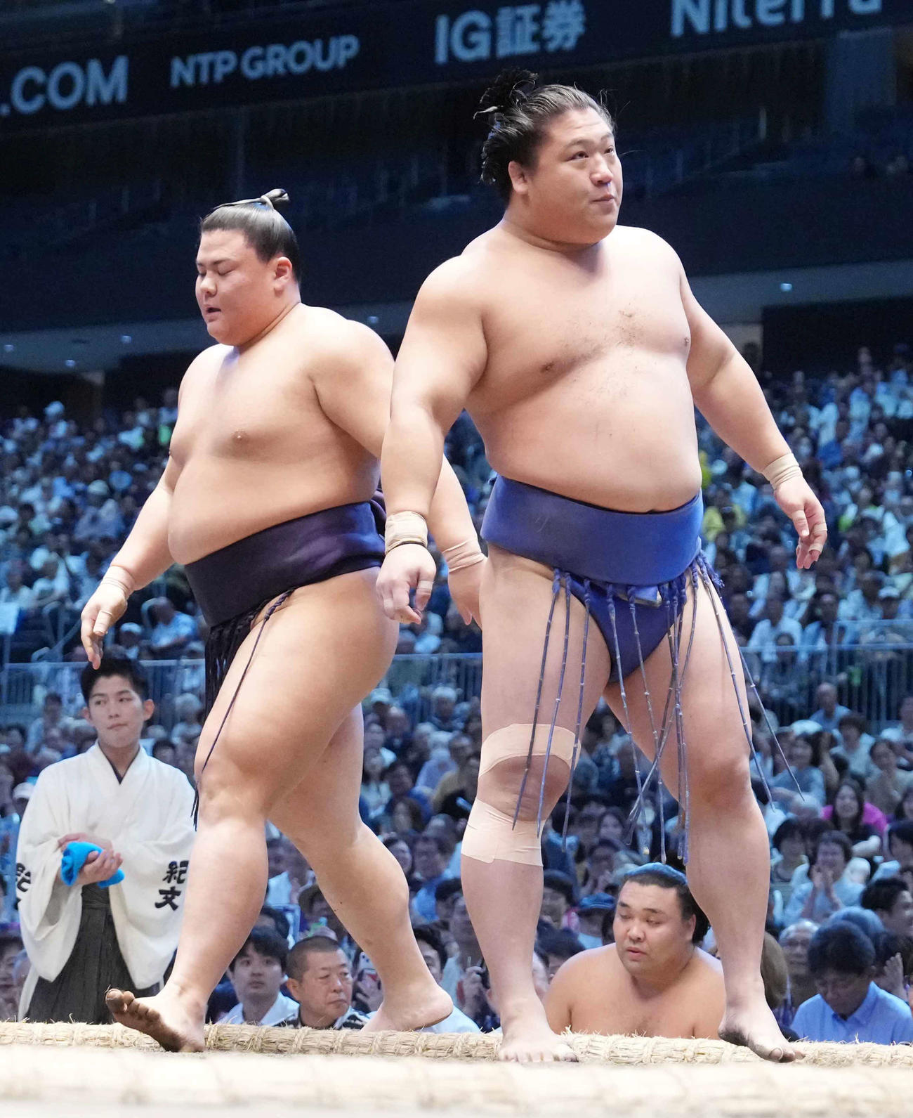 草野（左）は若隆景に寄り倒しで敗れる（撮影・小沢裕）