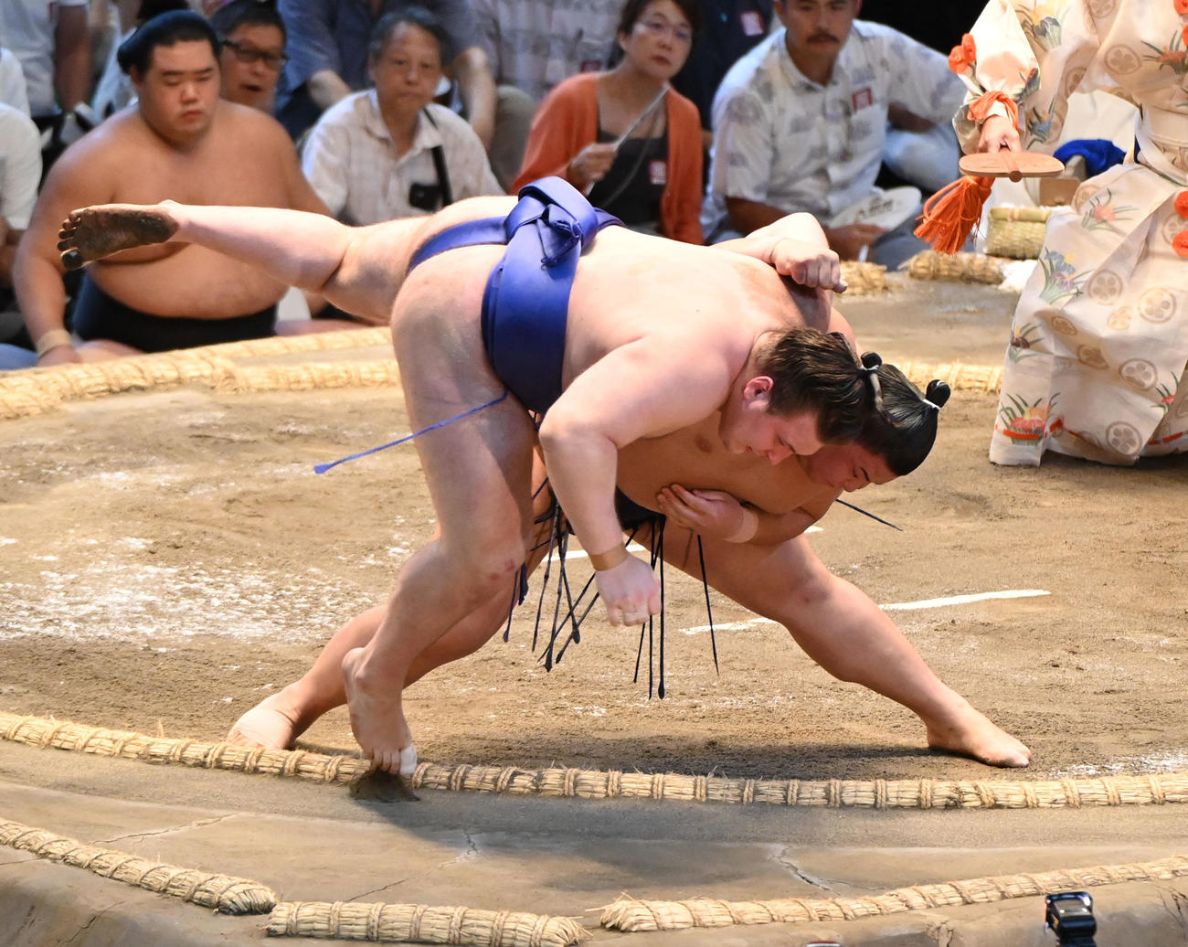 草野（右）は安青錦を寄り切りで破る（撮影・森本幸一）