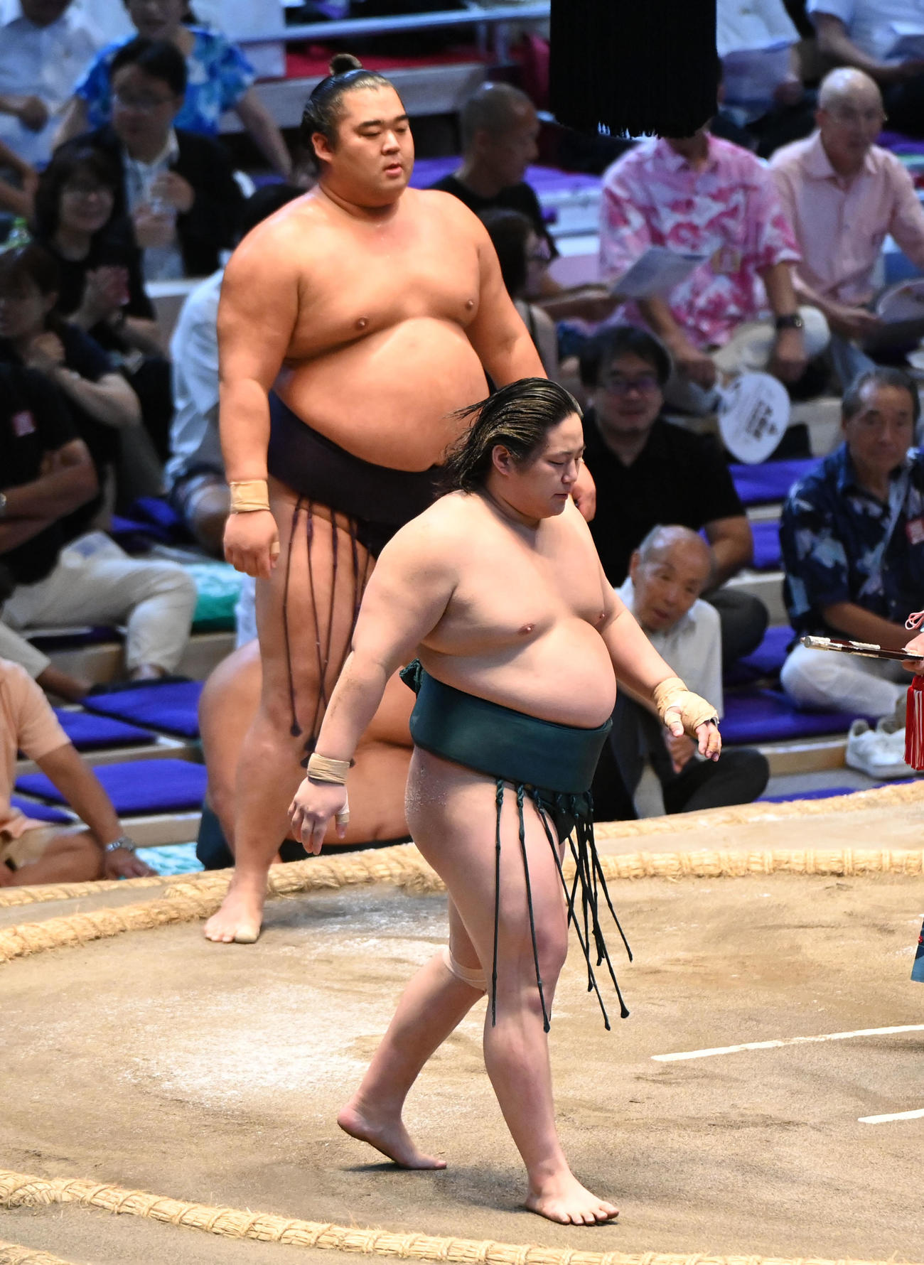 三田（右）は湘南乃海にはたき込みで敗れる（撮影・森本幸一）