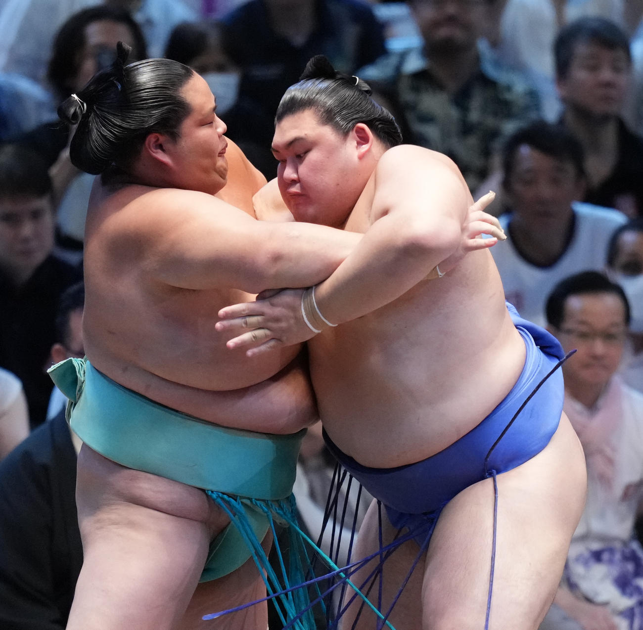 琴桜（左）を土俵際へ攻める大の里（撮影・小沢裕）