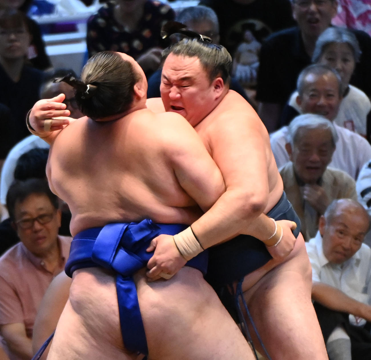 玉鷲（右）は欧勝馬を攻める（撮影・森本幸一）