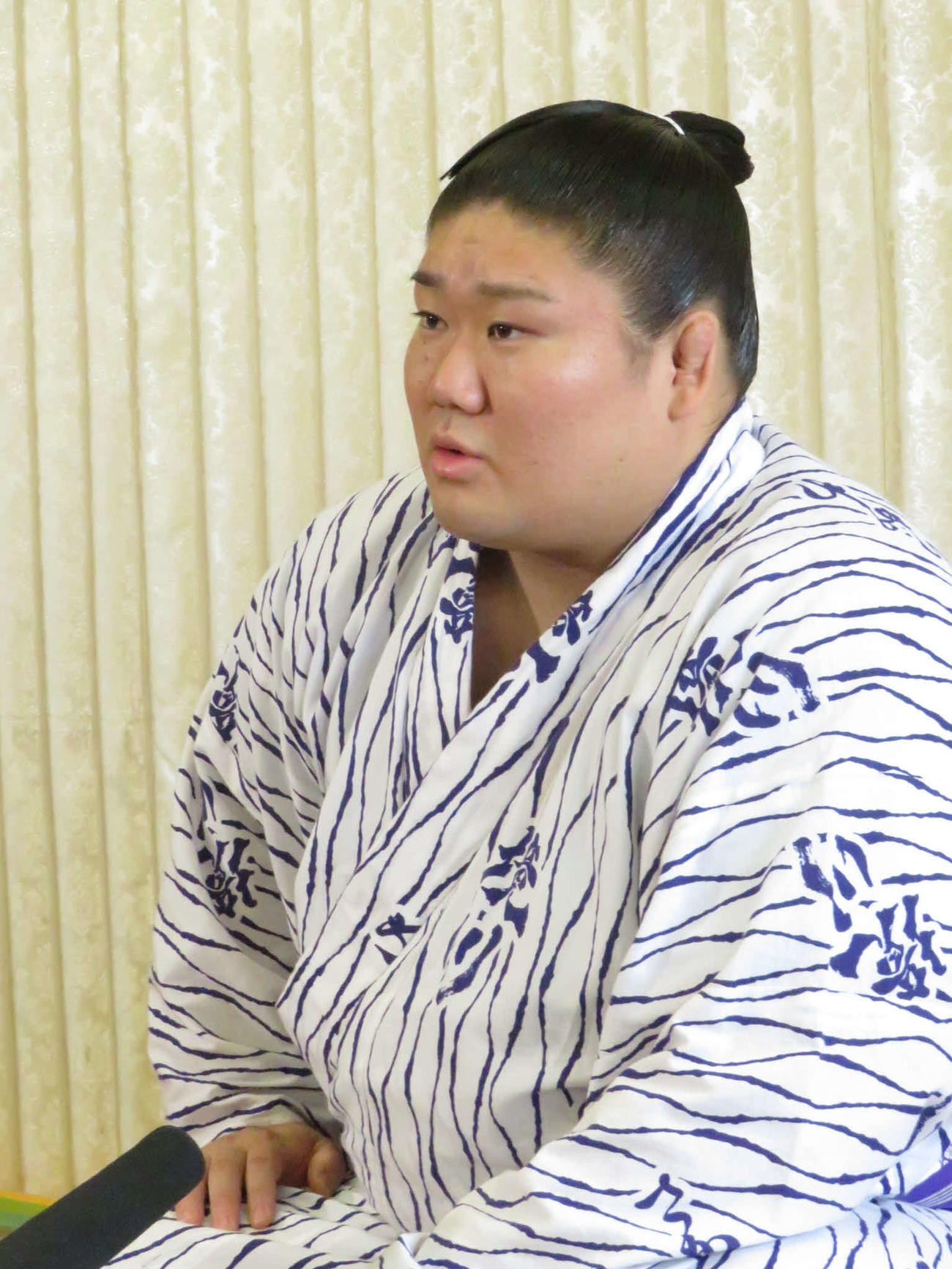 新十両会見で真剣な表情で答える西ノ龍