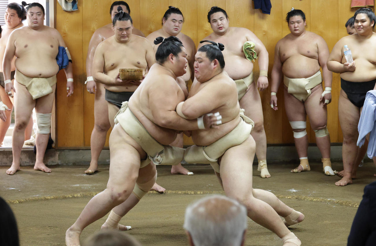 三番稽古で激しくぶつかり合う琴桜（左）と大の里（撮影・中島郁夫）