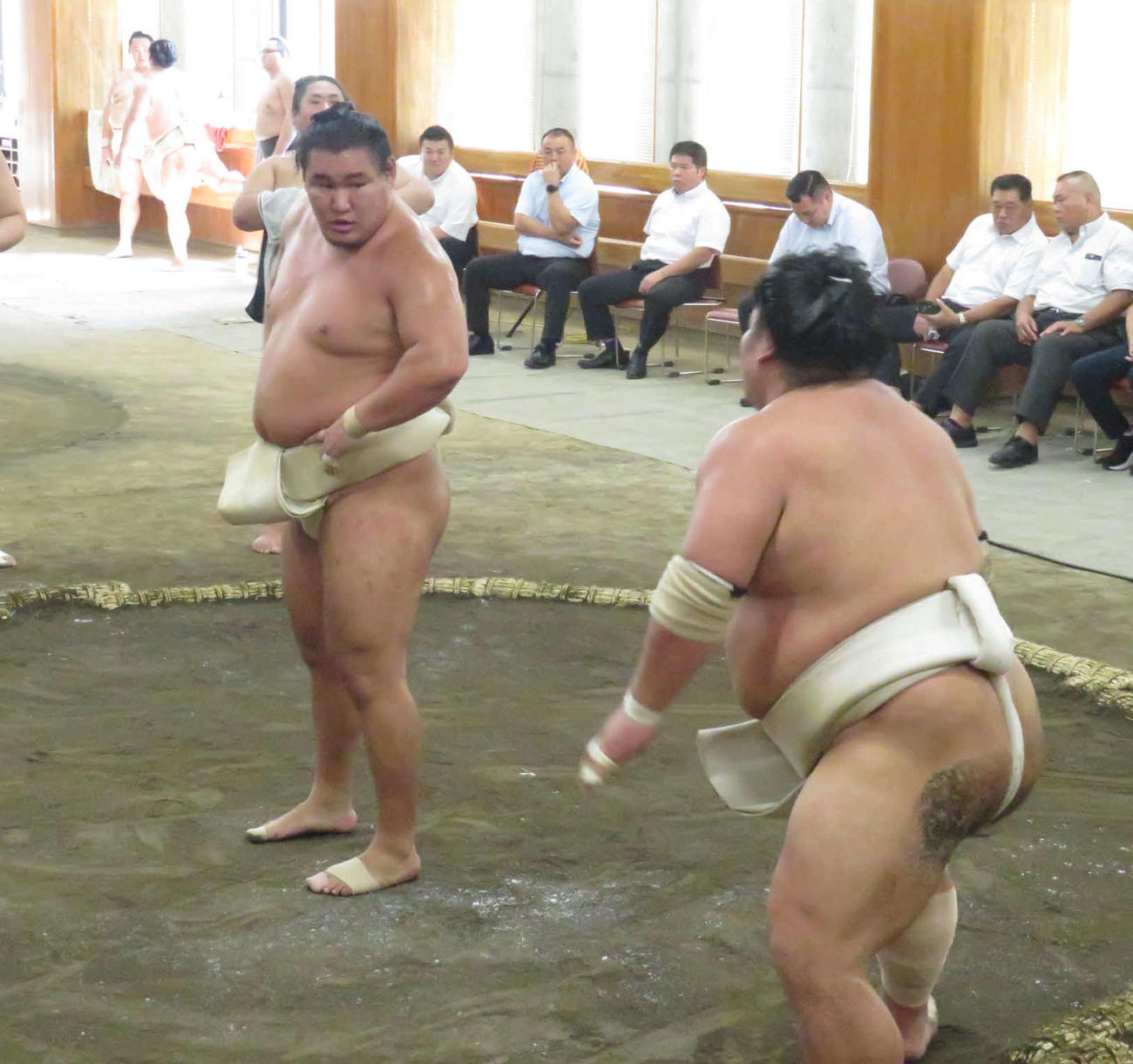 時津風一門の連合稽古に一門外から参加した豊昇龍（手前左）は、大栄翔（同右）を指名して稽古を重ねた