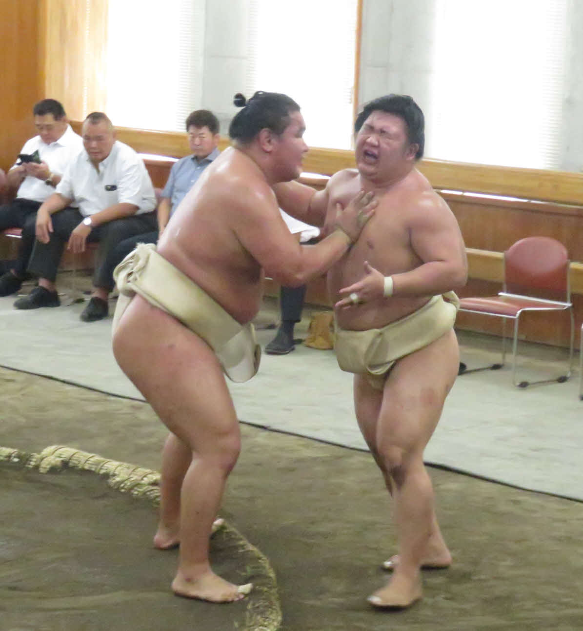 時津風一門の連合稽古に一門外から参加した豊昇龍（手前左）は、藤ノ川（同右）を指名して稽古を重ねた
