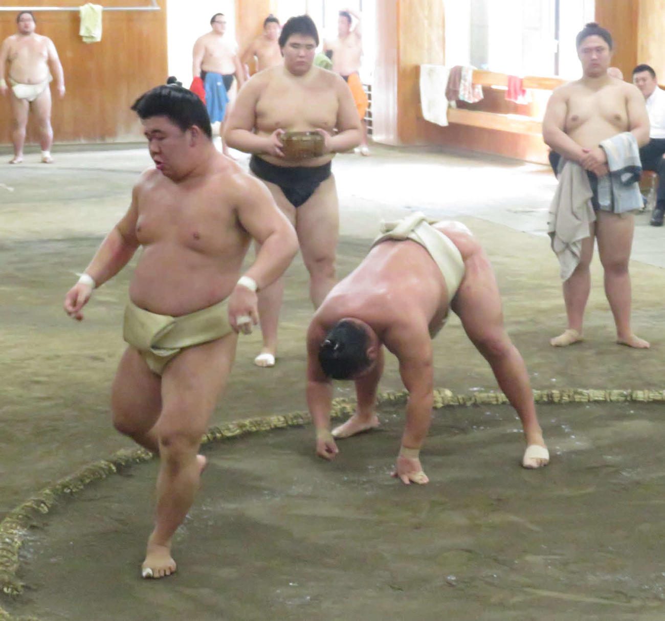 時津風一門の連合稽古で、豊昇龍（手前右）を破った藤ノ川（同左）
