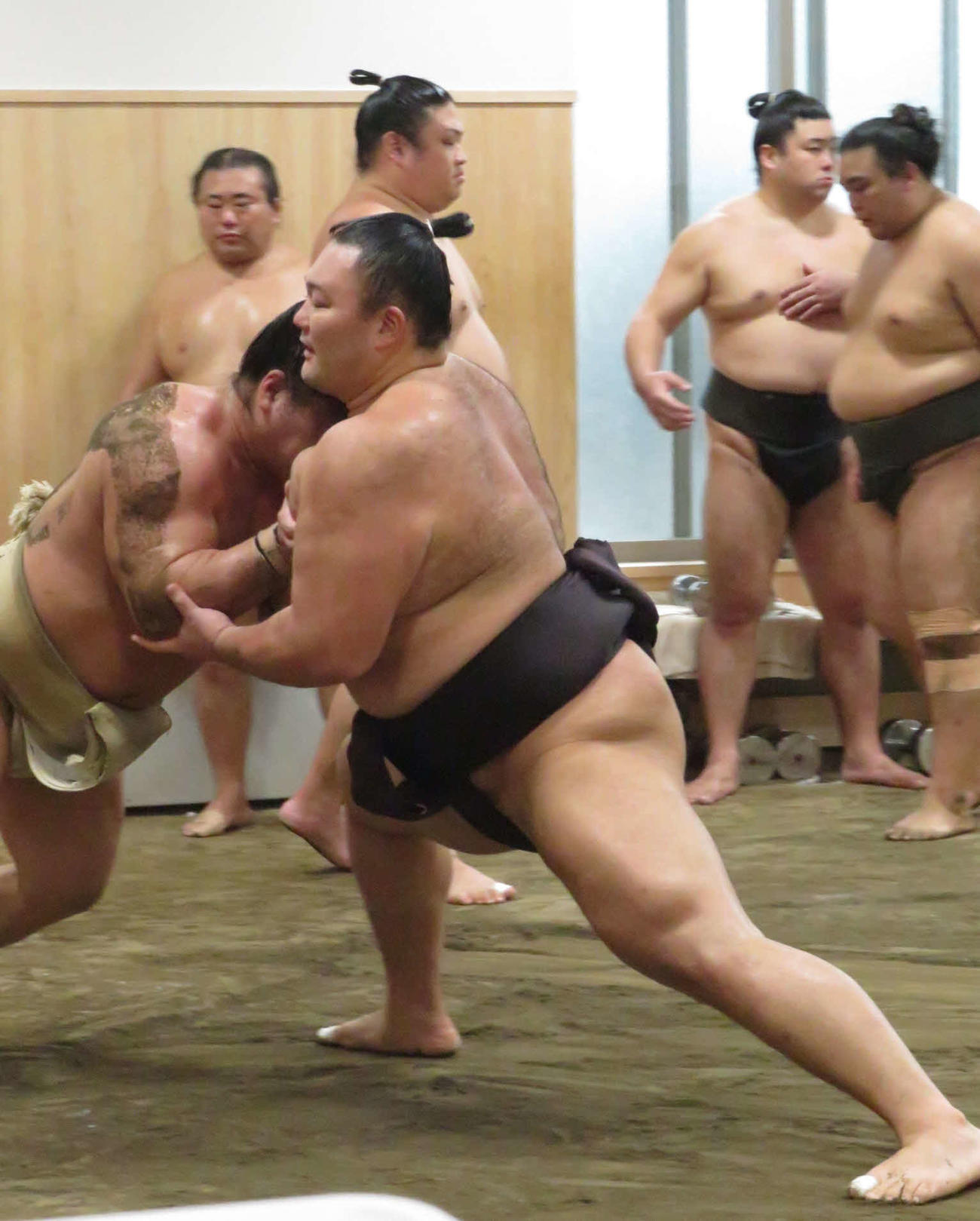 「至極色」の新たな締め込みを着け、ぶつかり稽古で朝紅龍（手前左）に胸を出した朝乃山（同右）
