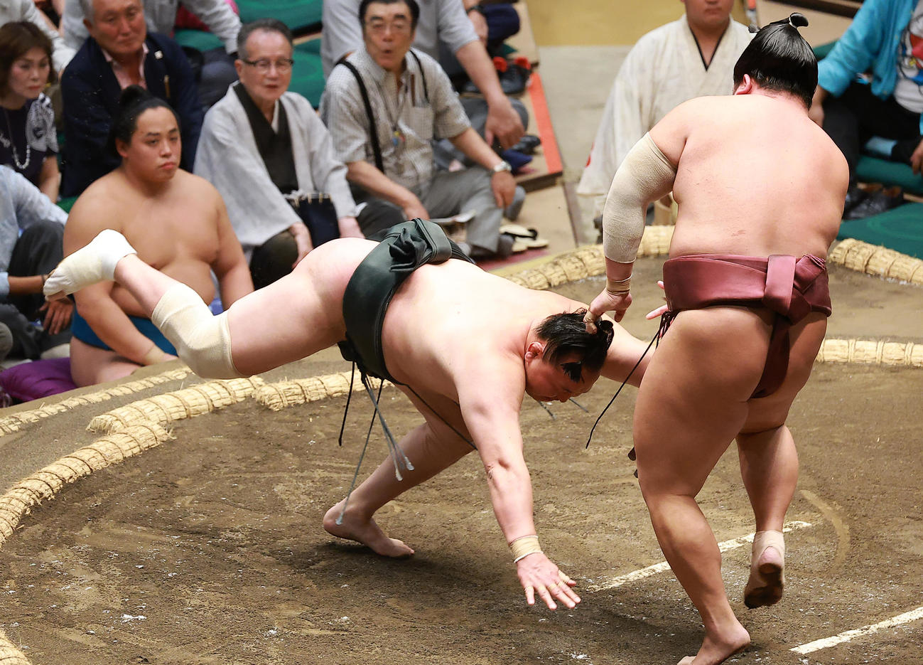 千代翔馬（左）をはたき込みで破る錦富士（撮影・中島郁夫）
