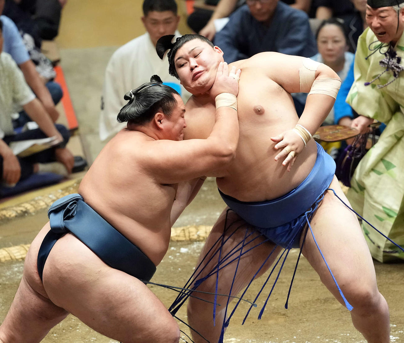 玉鷲（左）に攻め込まれる大の里（撮影・たえ見朱実）
