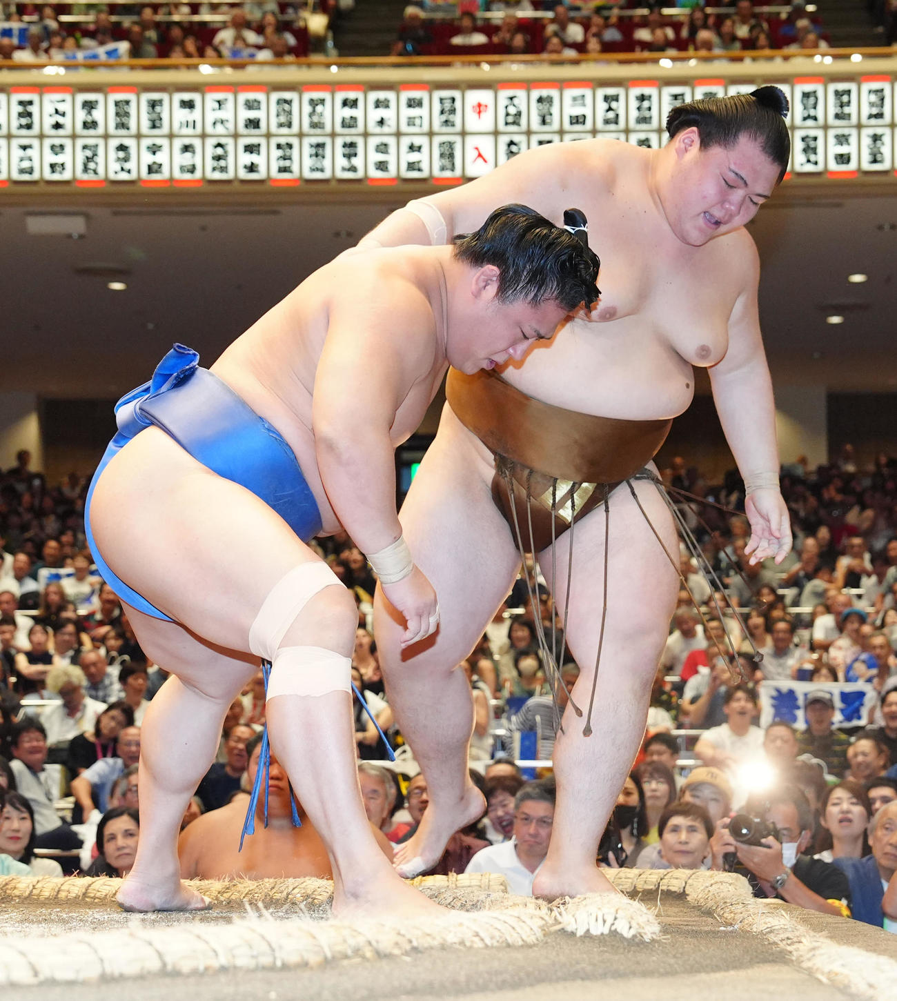 王鵬（右）を寄り切りで破る若隆景（撮影・江口和貴）