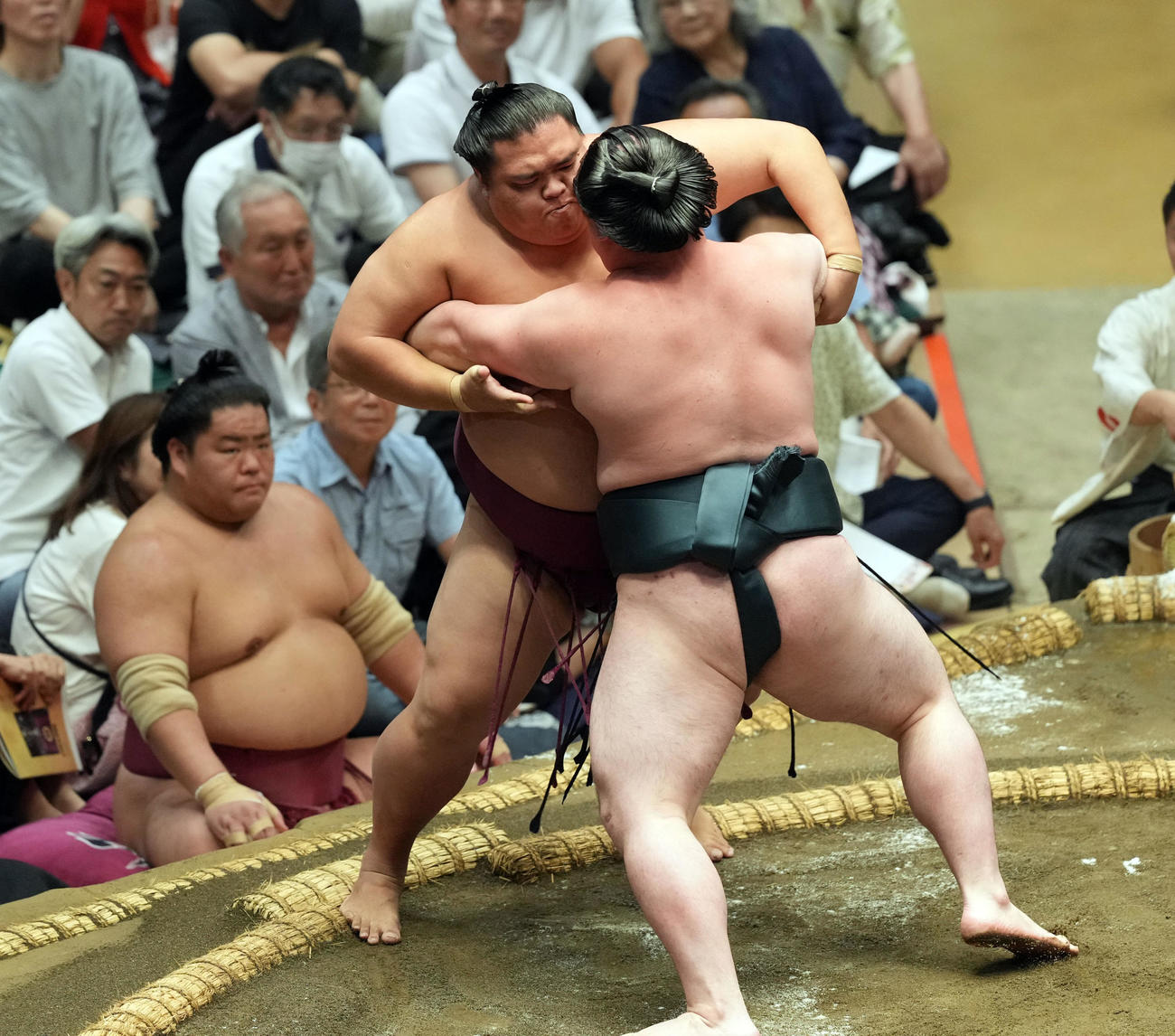 時疾風に寄り切りで敗れる御嶽海（撮影・たえ見朱実）