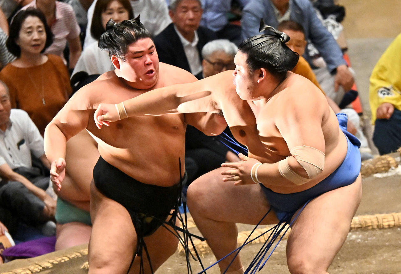 伯桜鵬（左）は大の里を攻める（撮影・滝沢徹郎）