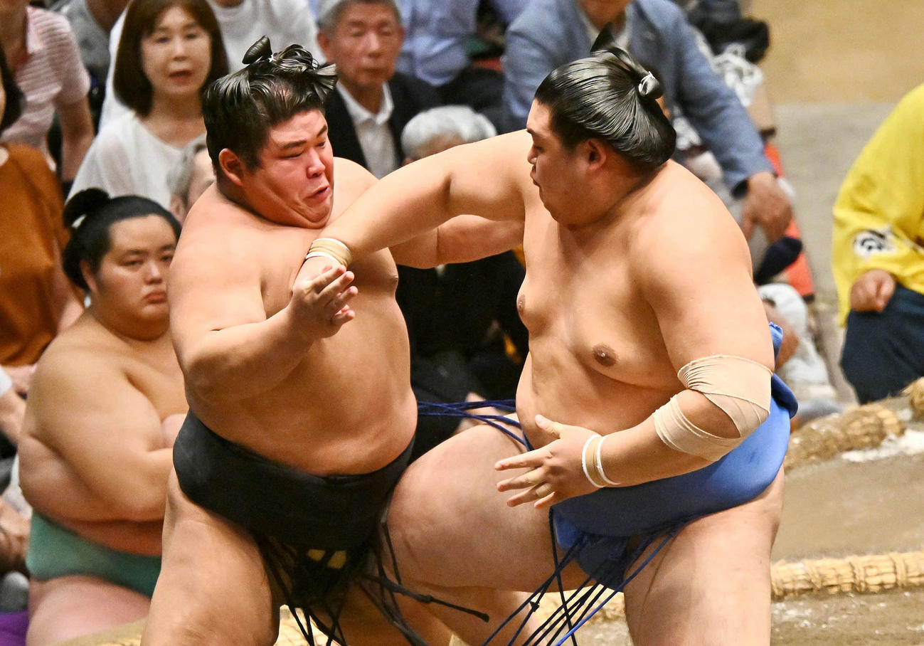 伯桜鵬（左）は大の里を攻める（撮影・滝沢徹郎）