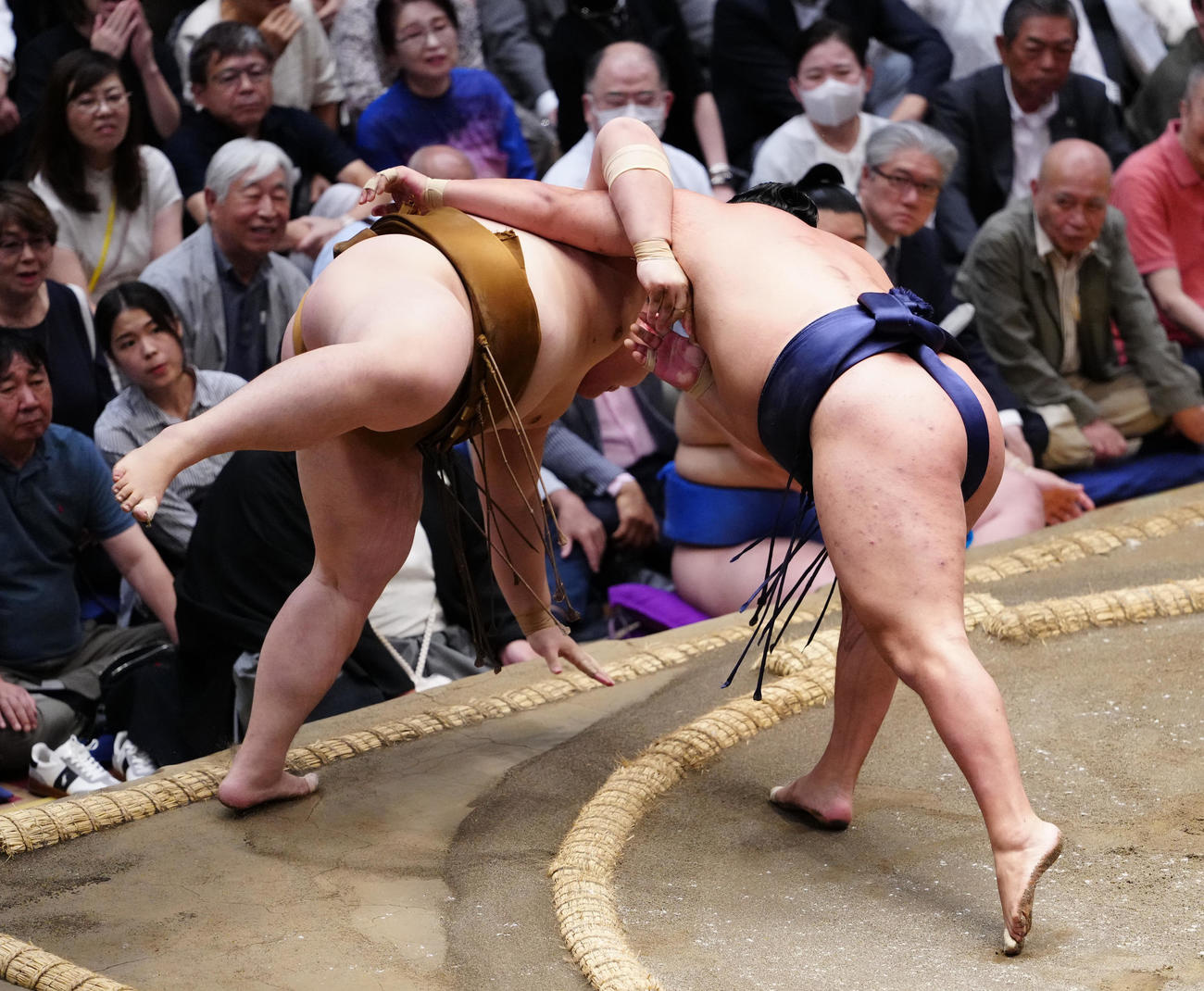 王鵬（左）を下手投げで破る豊昇龍（撮影・鈴木みどり）
