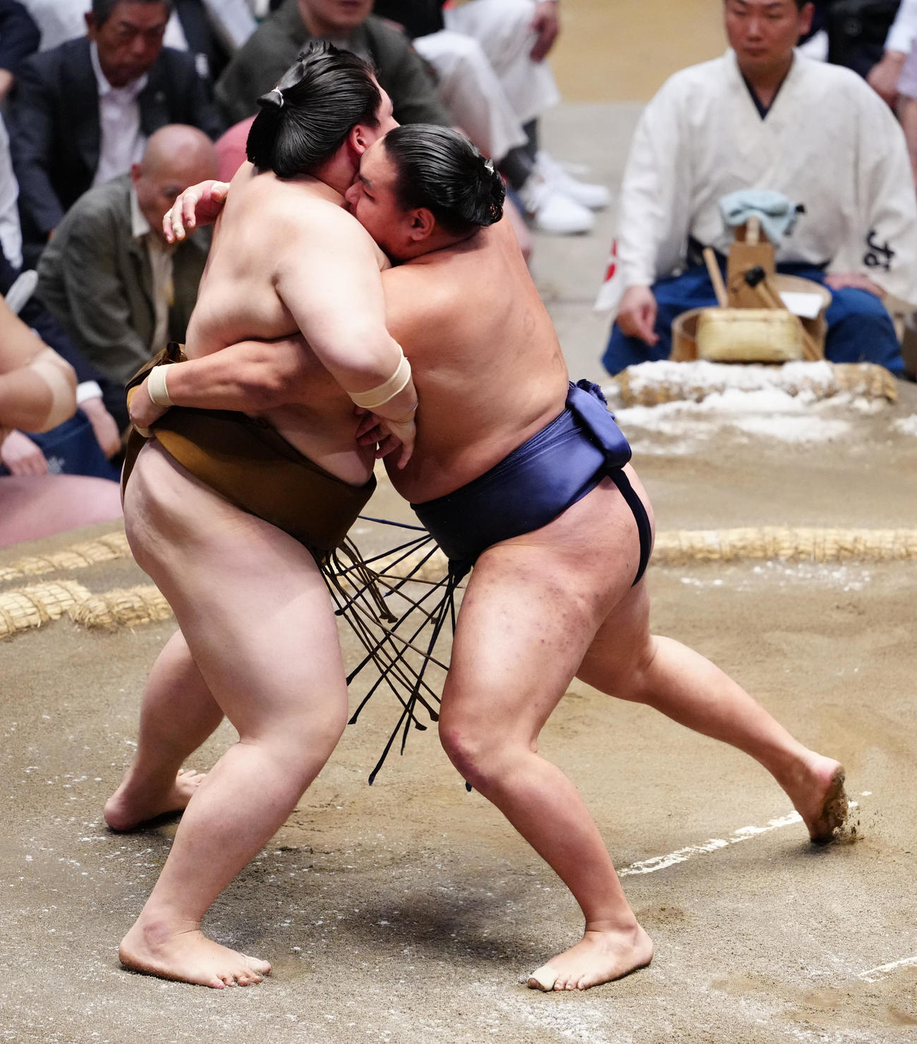 王鵬（左）を攻める豊昇龍（撮影・鈴木みどり）