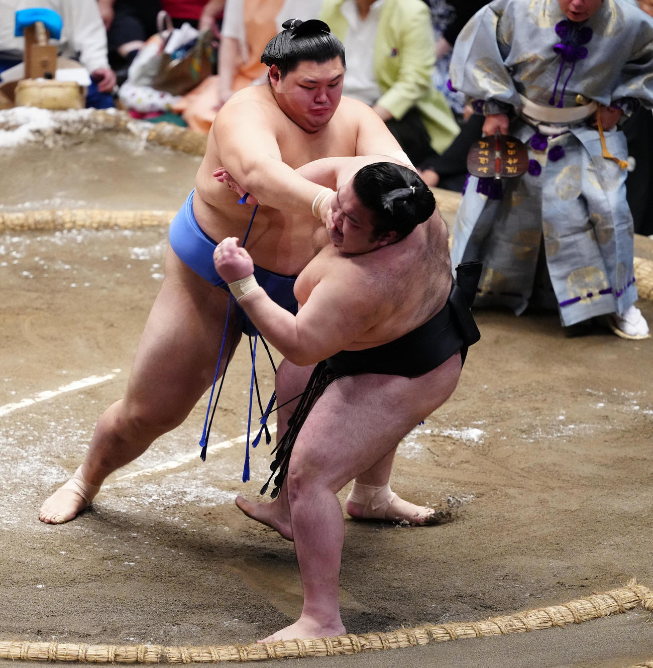 押し倒しで豪ノ山（手前）を破る大の里（撮影・鈴木みどり）