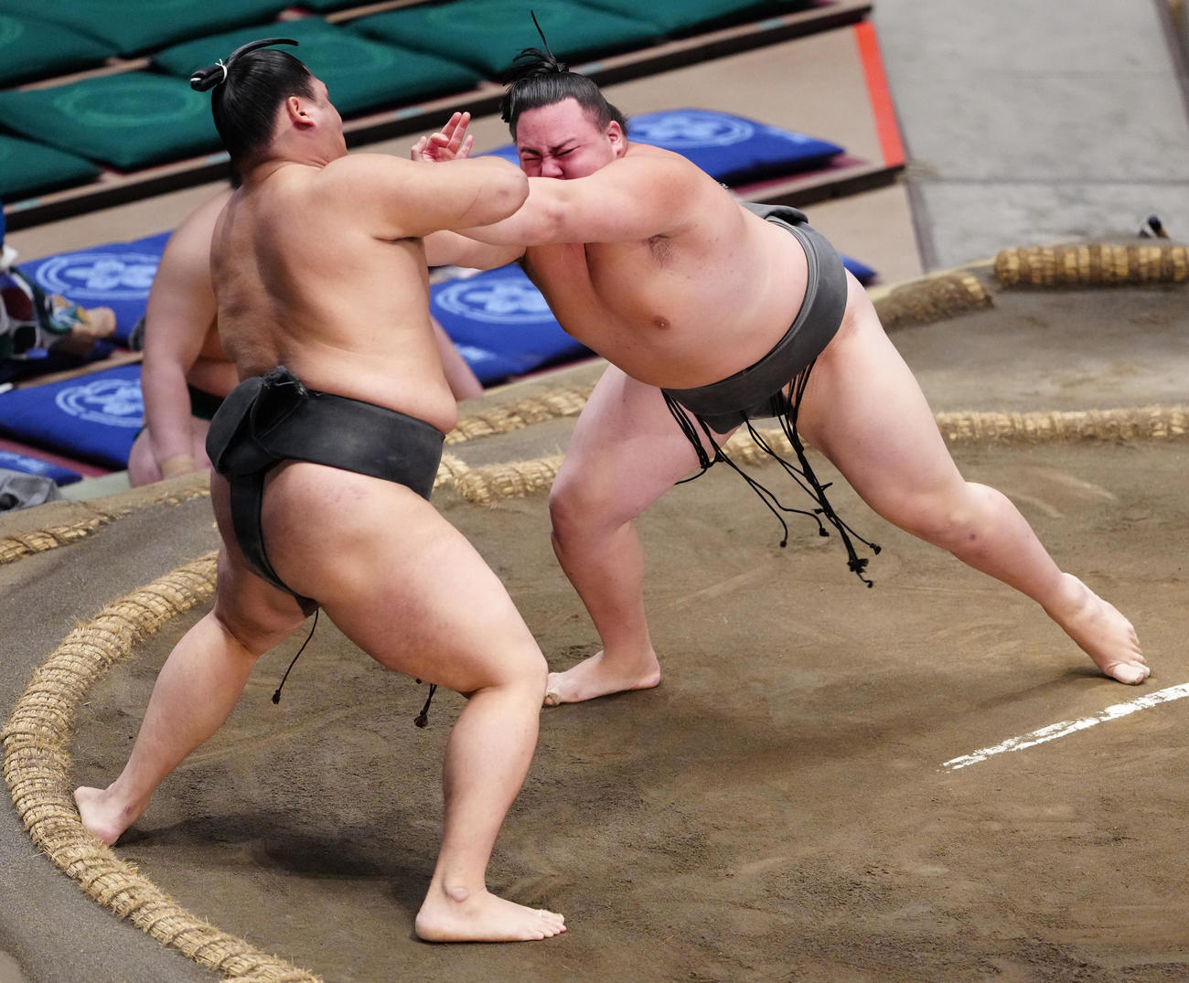 押し出しで若雅（左）を破る丹治（撮影・鈴木みどり）