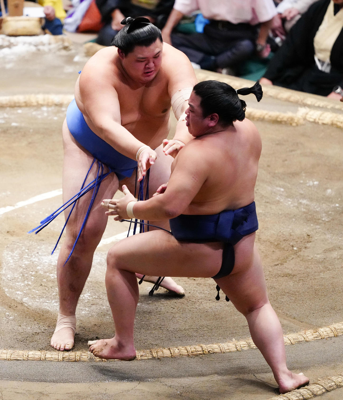 押し出しで平戸海（手前）を破る大の里（撮影・鈴木みどり）