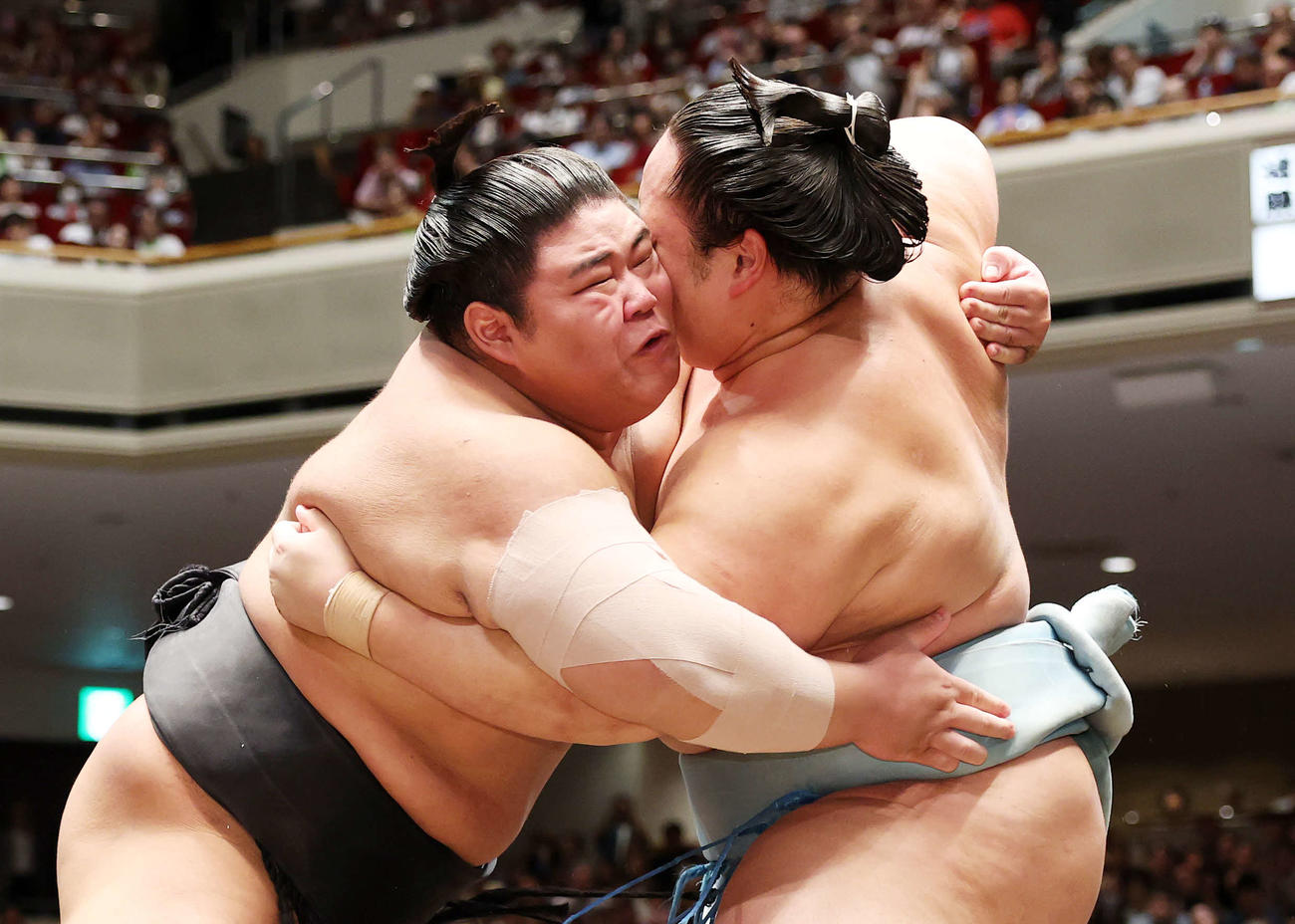 琴勝峰（右）を攻める伯桜鵬（撮影・鈴木正人）