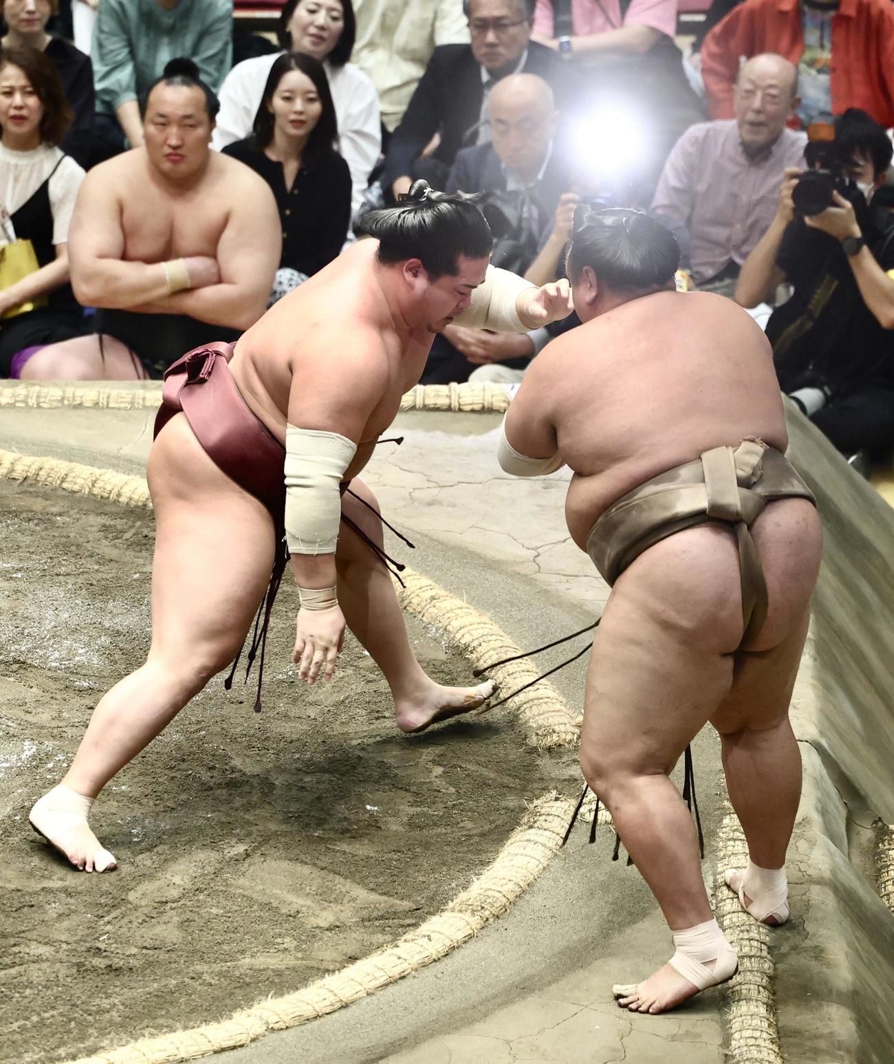 錦富士（左）は荒篤山を押し出しで破る（撮影・河田真司）