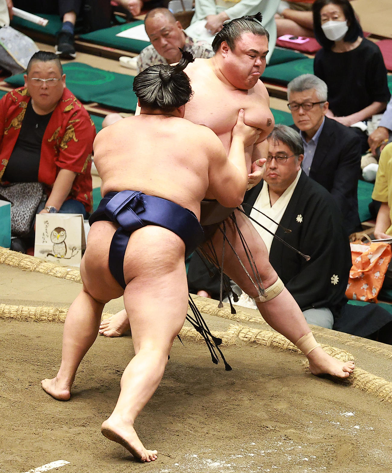 英乃海（右）を押し出しで破る朝白龍（撮影・中島郁夫）