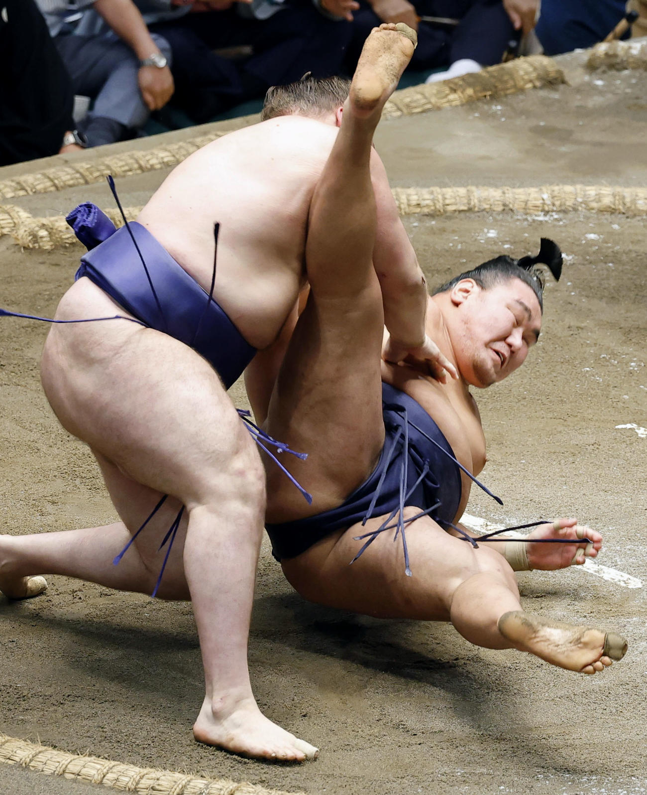 安青錦（左）に切り返しで敗れた豊昇龍（共同）