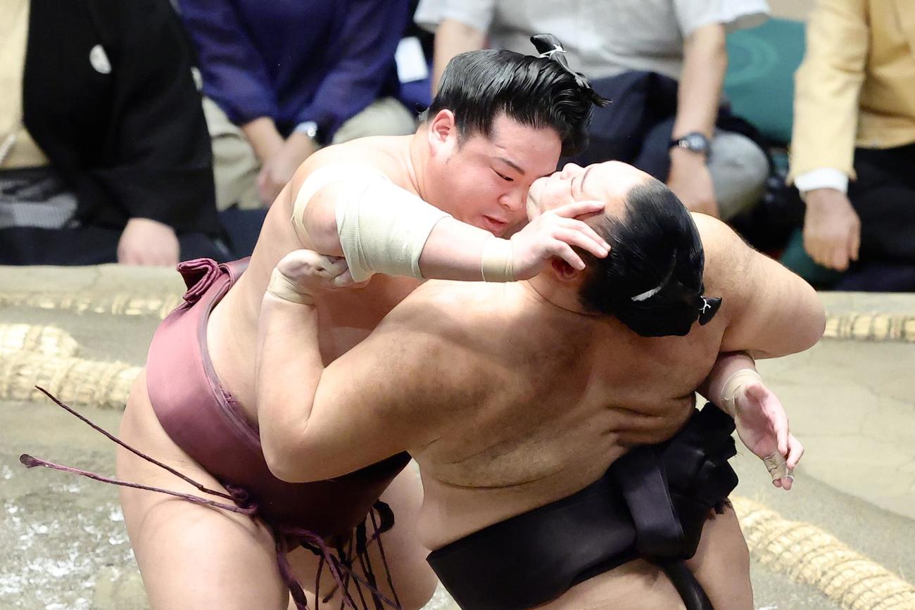 朝乃山（右）を激しく攻める錦富士（撮影・河田真司）