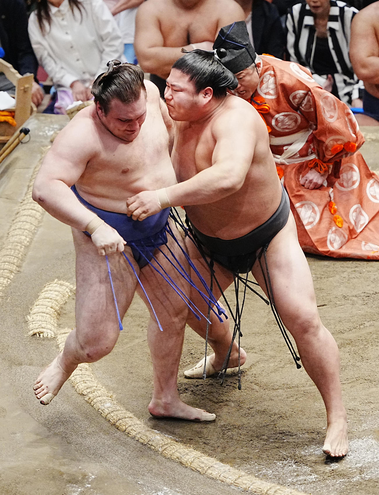 安青錦（左）は若元春に寄り切りで敗れる（撮影・小沢裕）