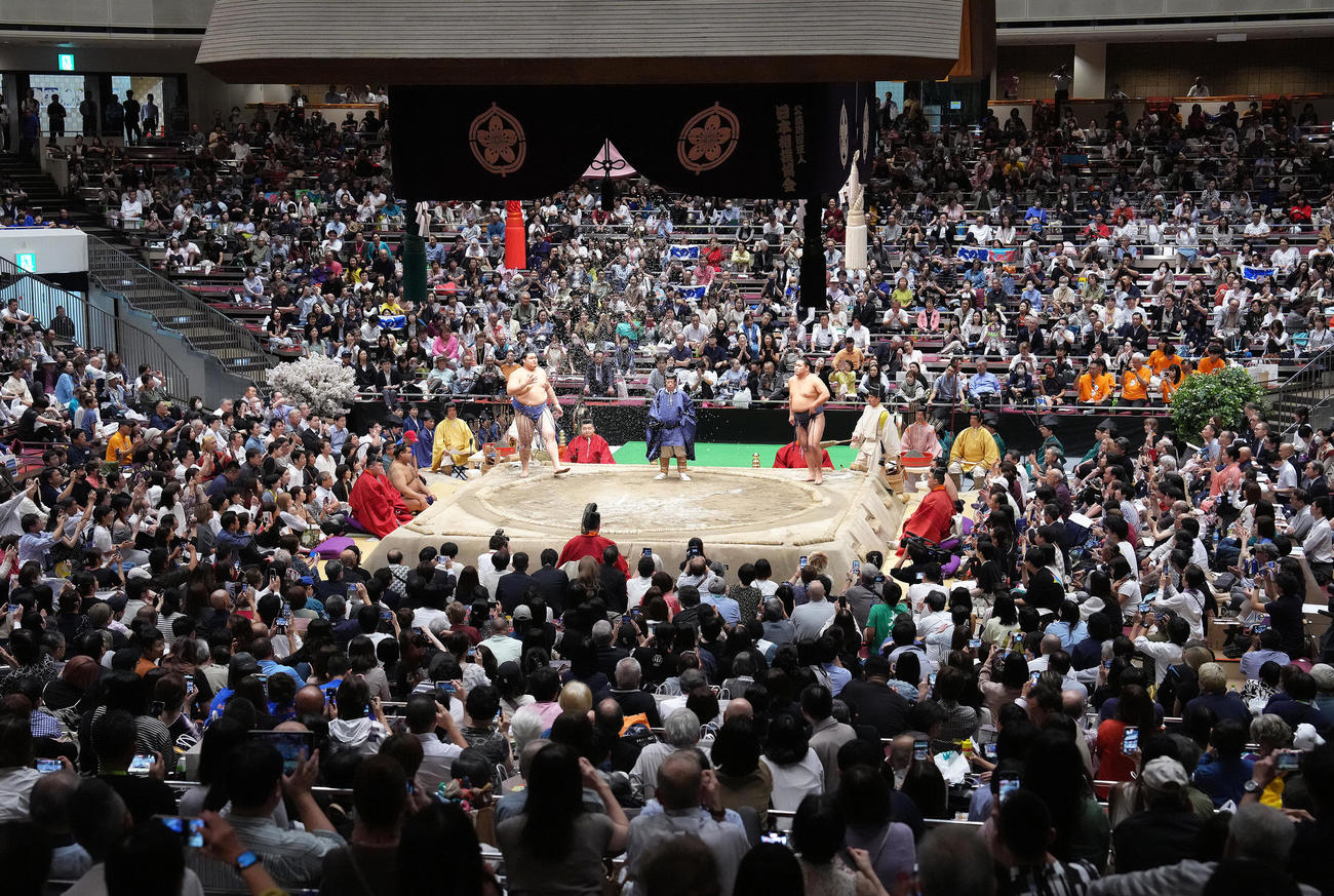 古式大相撲の取組に臨む大の里（左）と豊昇龍（撮影・足立雅史）