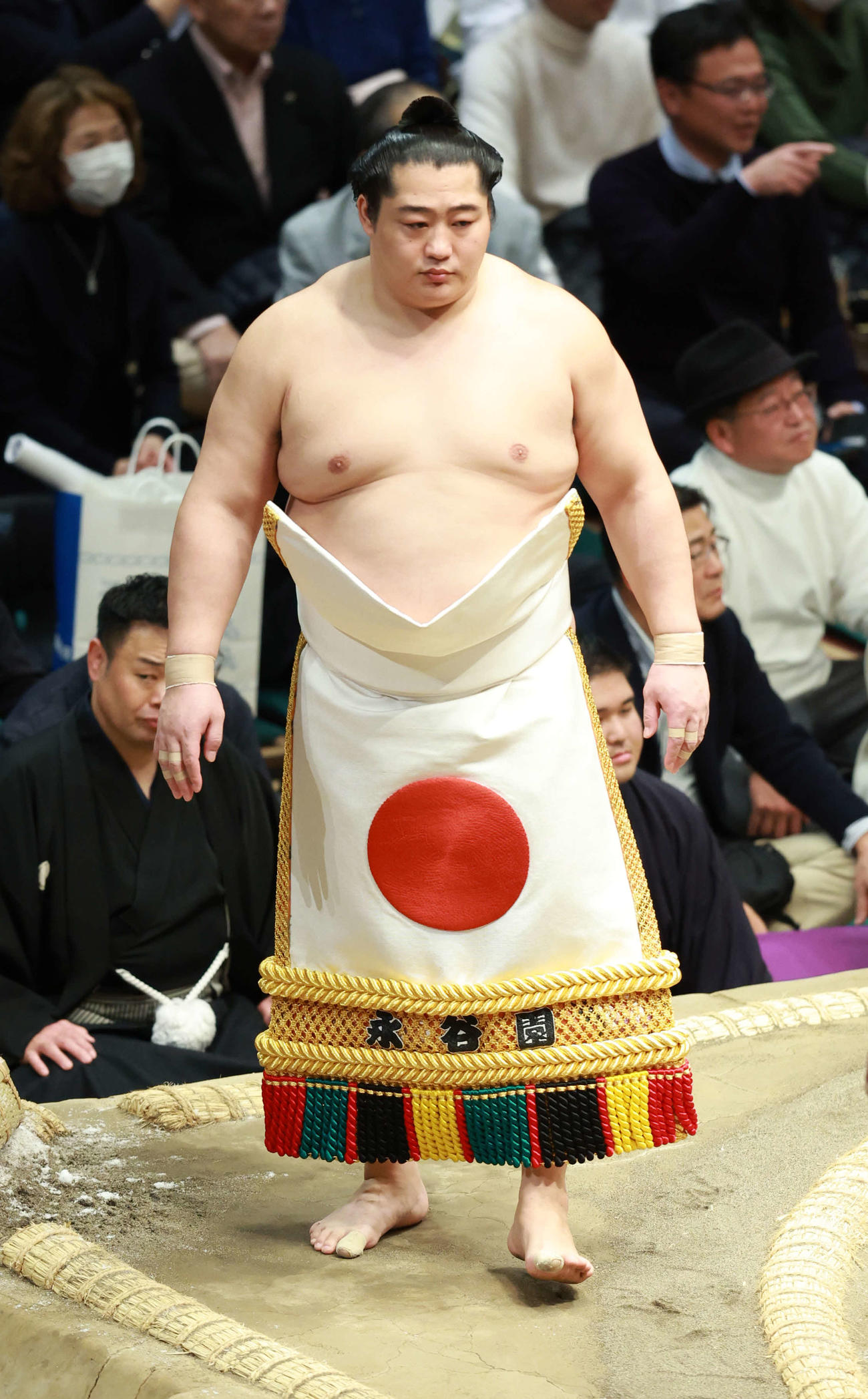 24年、大相撲初場所　8日目　遠藤は日の丸の化粧まわしで土俵入りする