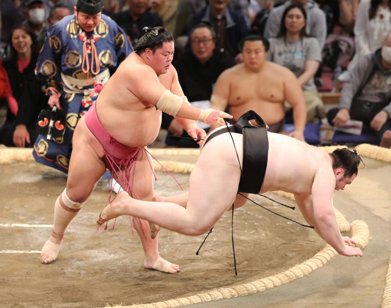 大相撲九州場所初日　送り倒しで獅司を破る大栄翔（左）（撮影・梅根麻紀）