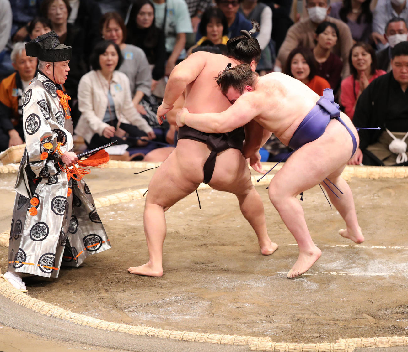大相撲九州場所初日　送り出しで霧島を破る安青錦（撮影・梅根麻紀）