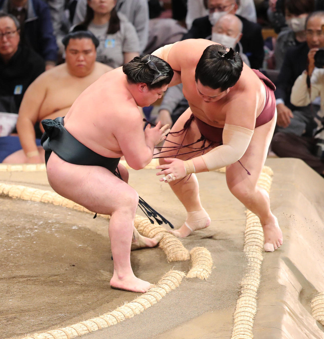 大相撲九州場所初日　寄り切りで錦富士を破った時疾風(左）（撮影・梅根麻紀）