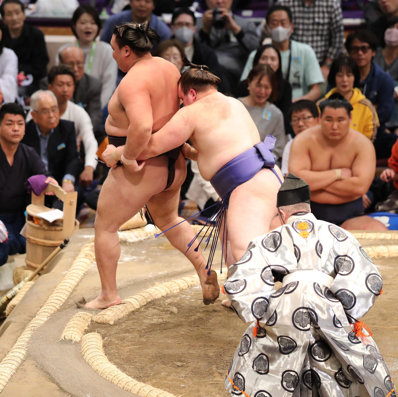 大相撲九州場所初日　送り出しで霧島を破る安青錦（撮影・梅根麻紀）