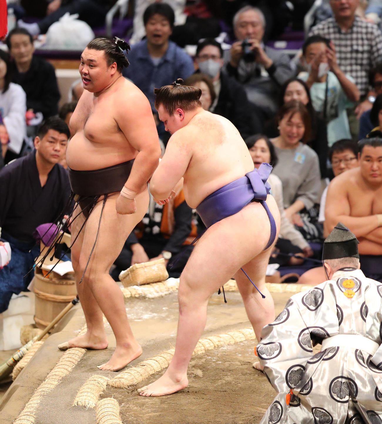 大相撲九州場所初日　送り出しで霧島を破る安青錦（撮影・梅根麻紀）