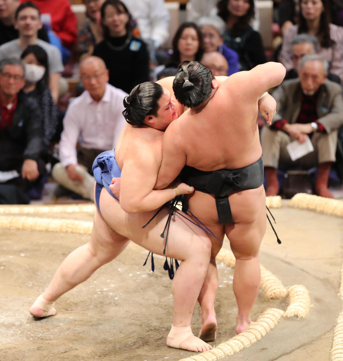 大相撲九州場所2日目　寄り倒しで伯桜鵬を下す大の里（左）（撮影・梅根麻紀）