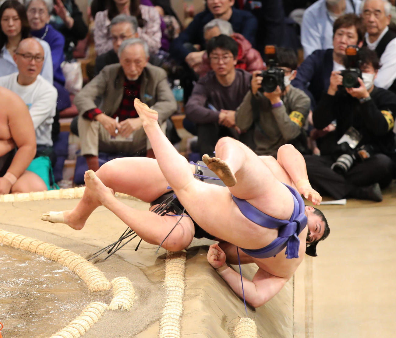 大相撲九州場所2日目　寄り倒しで若元春を破る安青錦（撮影・梅根麻紀）