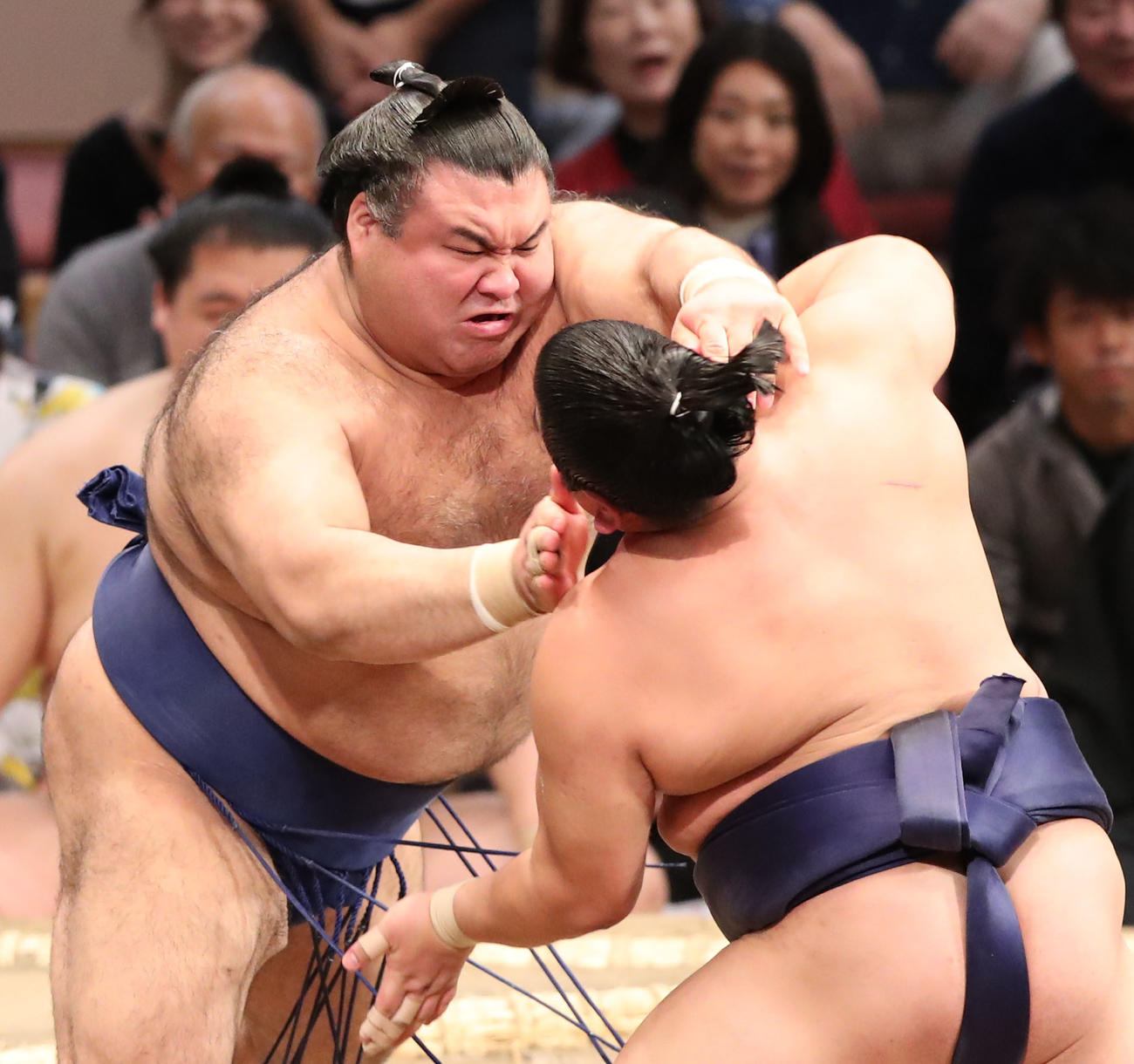 大相撲九州場所2日目　平戸海を勢いよく攻める高安（撮影・梅根麻紀）