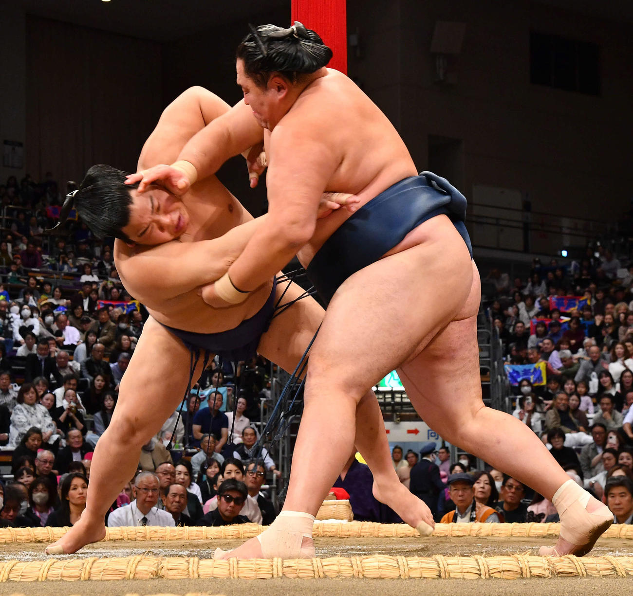 首ひねりで平戸海（左）を破る玉鷲（撮影・岩下翔太）