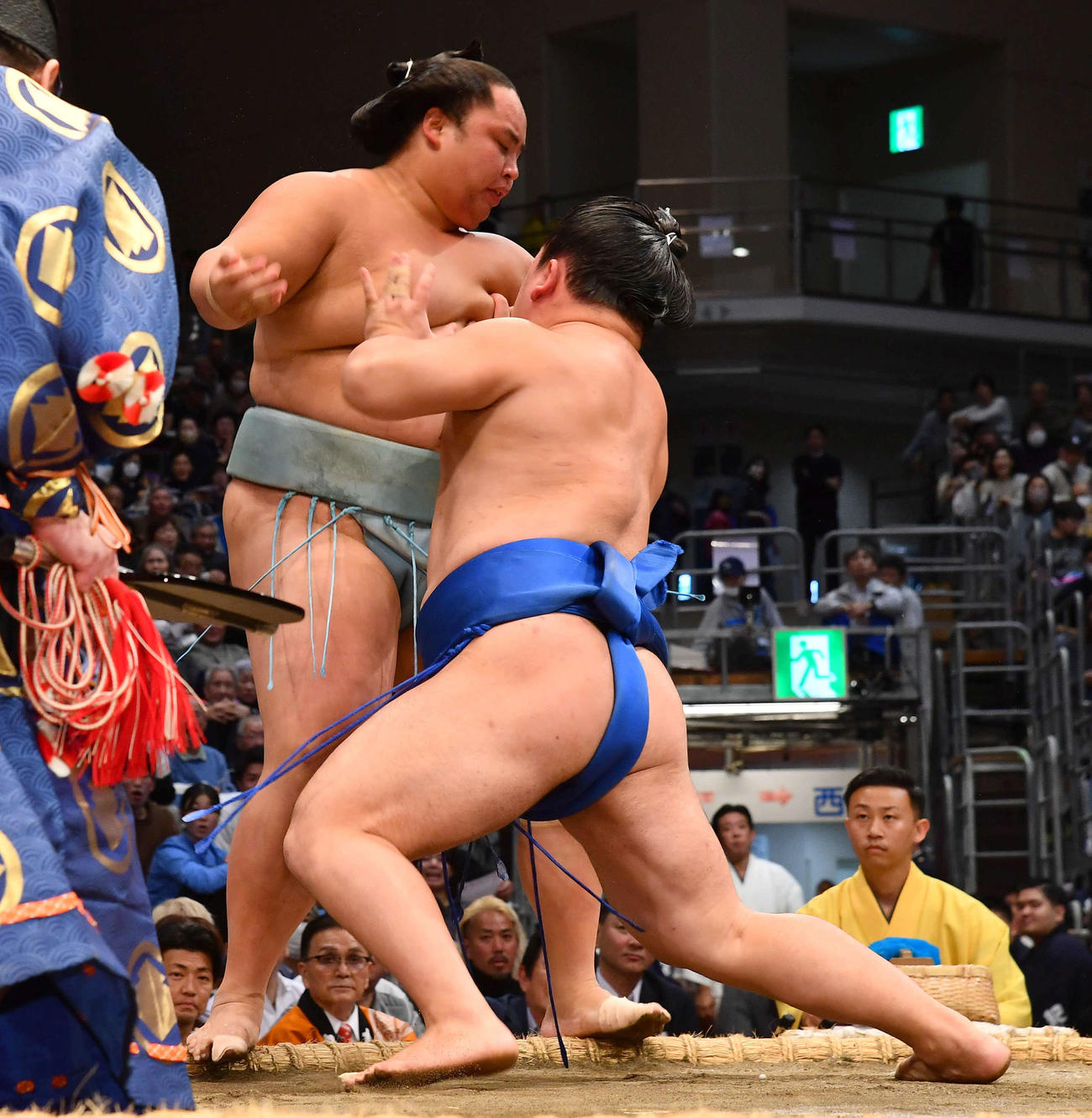 琴勝峰（左）を攻める藤ノ川（撮影・岩下翔太）