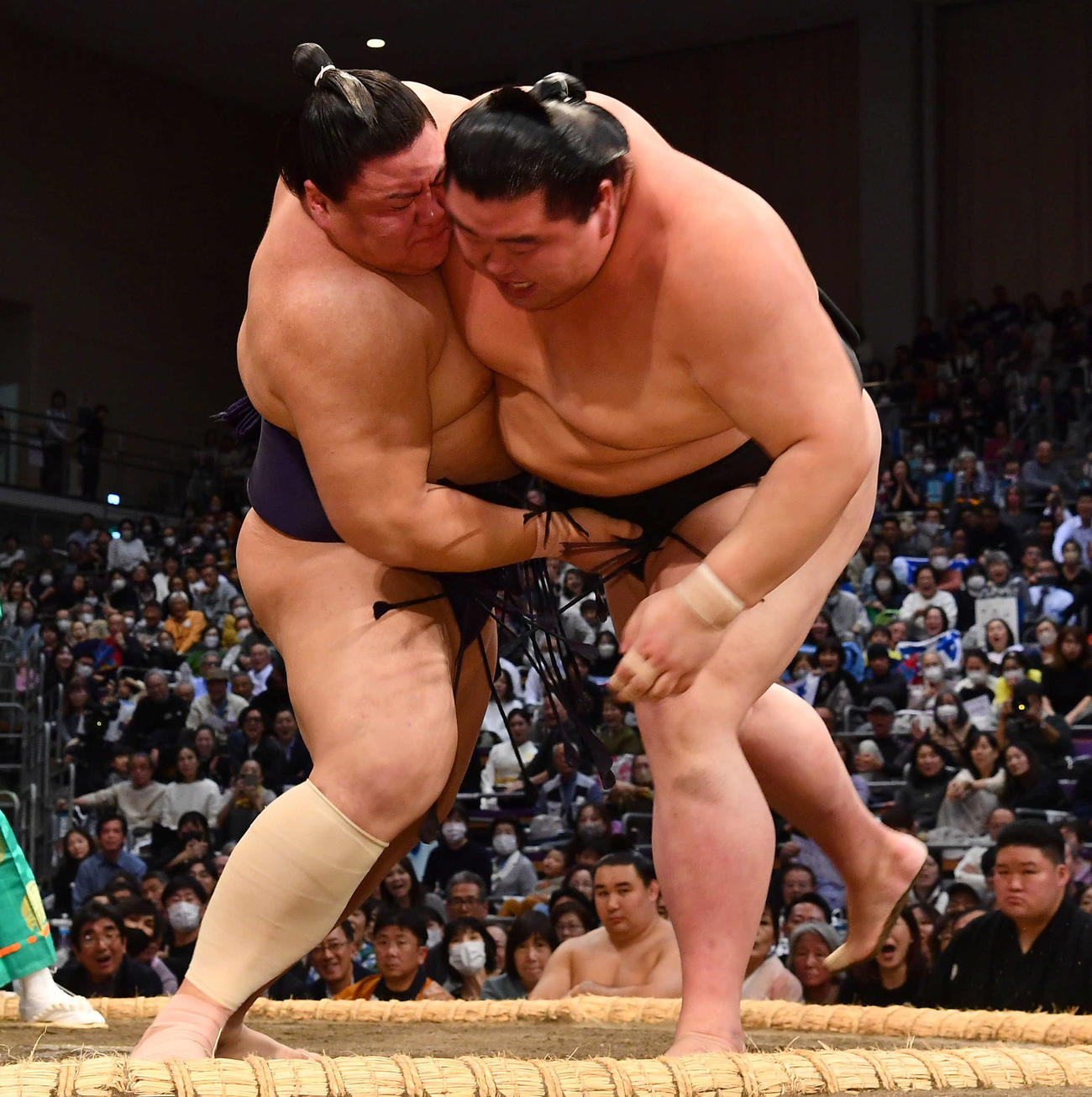 正代（右）を攻める義ノ富士（撮影・岩下翔太）