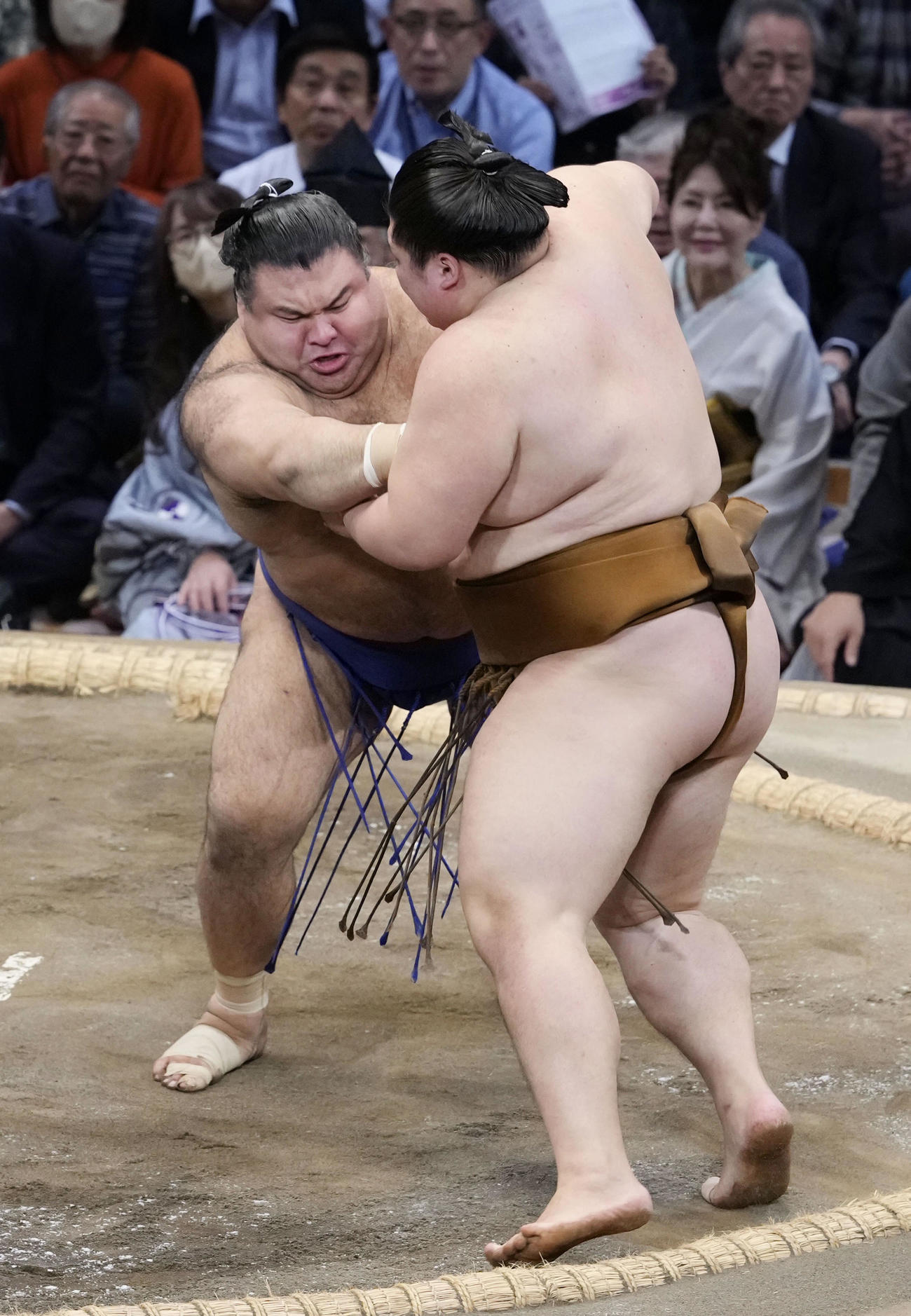 高安（左）が押し出しで王鵬を破る（共同）