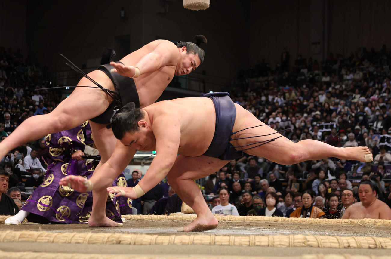 豊昇龍は若元春の立ち合い変化についていけずはたき込みで2敗目を喫した（撮影・西尾就之）