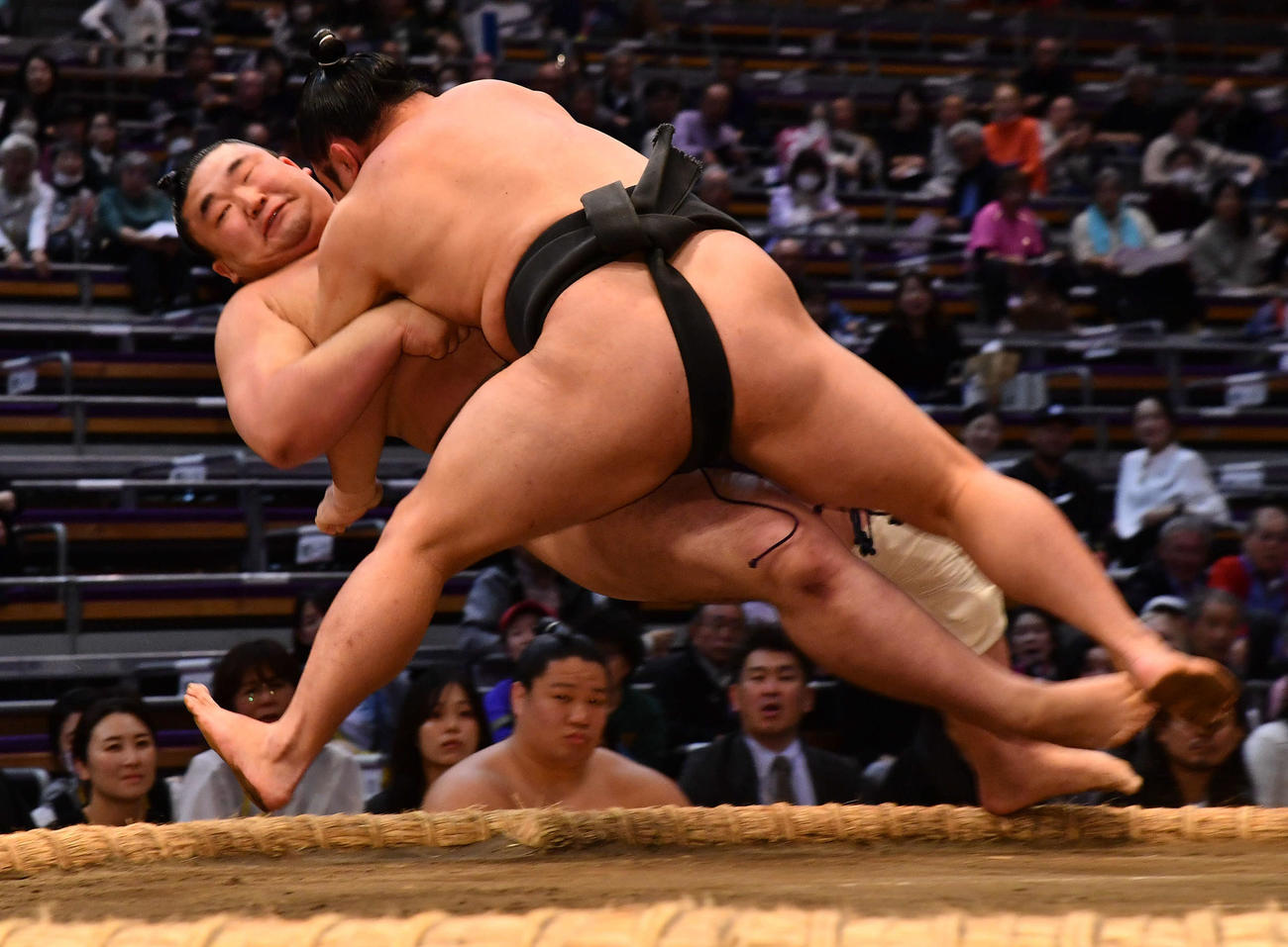 炎鵬（右）は豪ノ湖を寄り倒しで下す（撮影・岩下翔太）