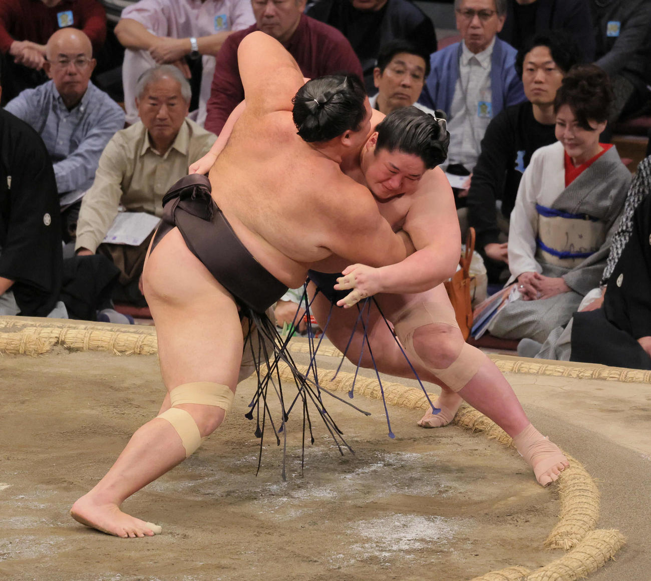 朝乃山（左）は藤青雲を寄り切りで破る（撮影・宮崎幸一）